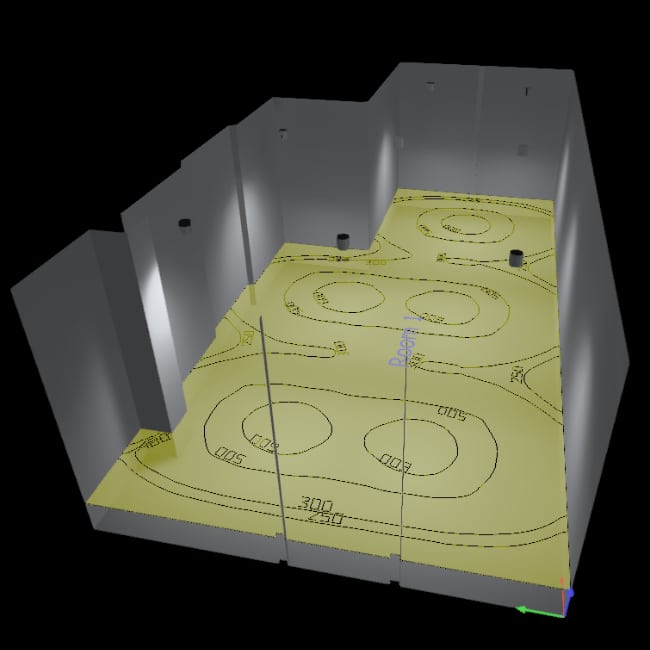 แสดงเส้น Isoline ค่าความสว่าง จากผลที่ได้จากการคำนวณความสว่าง